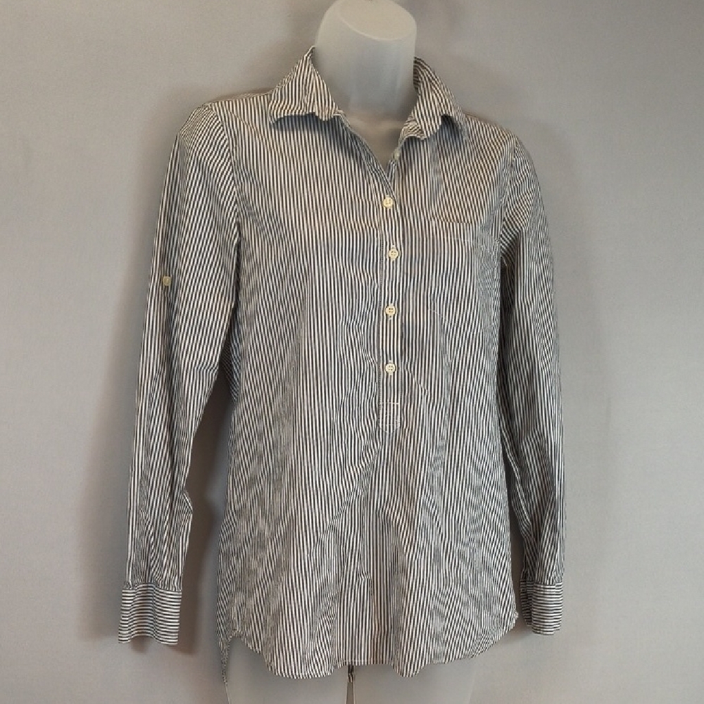 J Crew Women's 1/4 button Striped Dark Gray/White Long Sleeve  Top Size XXS